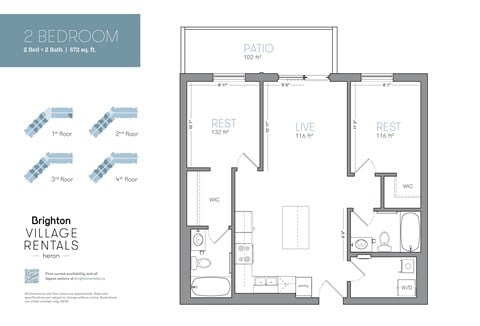 Floor plan for 2 beds, 2 baths, 872 sqft